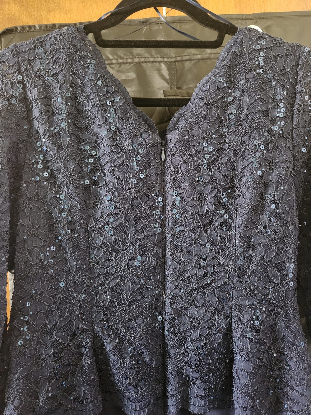 Alex Evenings Navy Sequined Lace & Chiffon Evening Gown - Picture 4 of 9